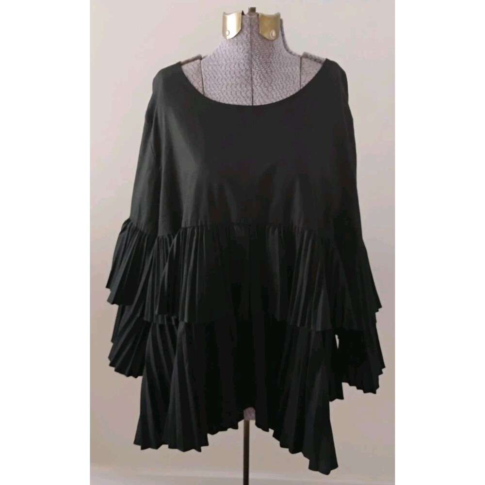 Halogen Women's Blouse Top Black 3/4 Sleeve Tiered Ruffled Pleated XL NWOT